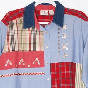 Koret Womens VTG Button Up Shirt Large Cotton Blue Red Art to Wear 90s Patchwork